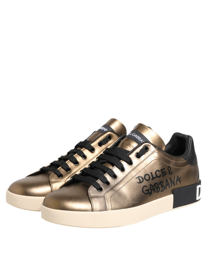 Dolce &amp; Gabbana Gold Portofino Calf Leather Sneakers Shoes