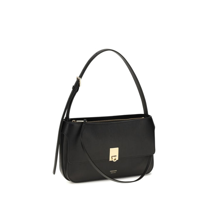 Ferragamo Black Calf Leather Bos Taurus Shoulder Bag