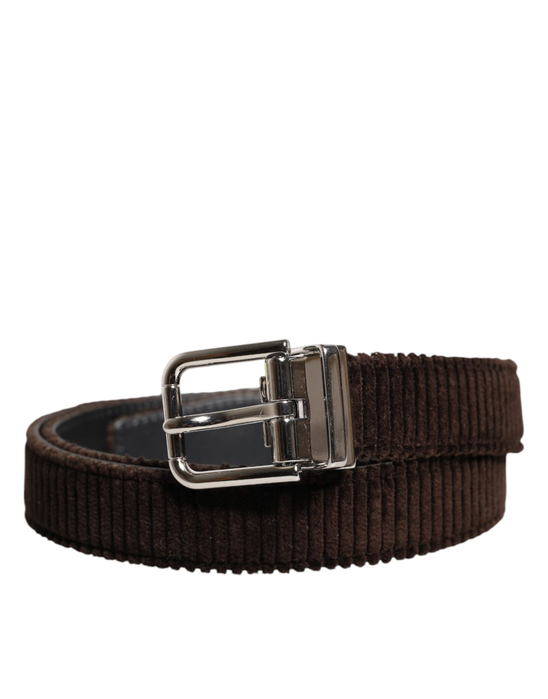 Dolce &amp; Gabbana Men Brown Velvet Ridged Silver Buckle Belt