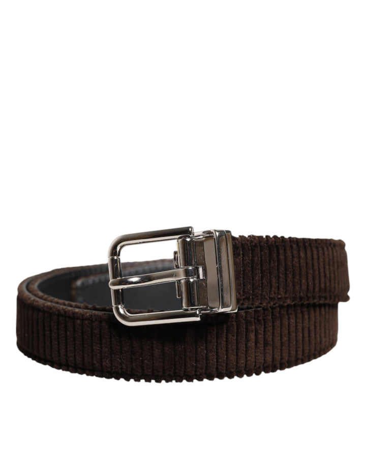 Dolce &amp; Gabbana Men Brown Velvet Ridged Silver Buckle Belt