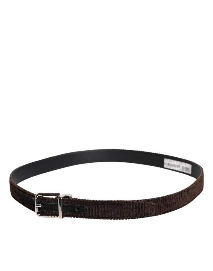 Dolce &amp; Gabbana Men Brown Velvet Ridged Silver Buckle Belt