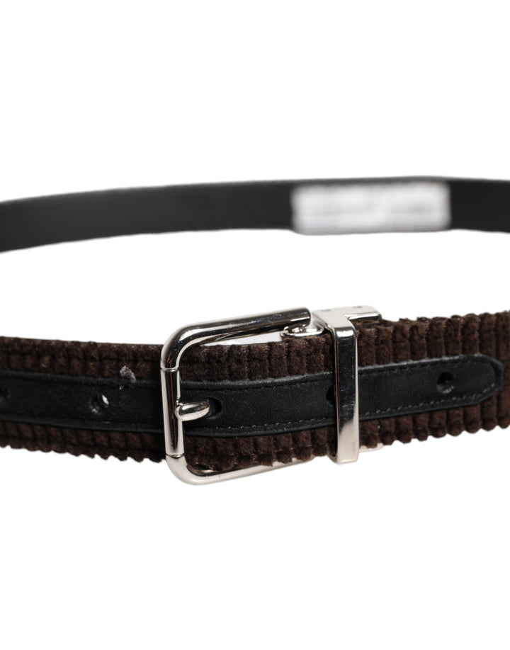 Dolce &amp; Gabbana Men Brown Velvet Ridged Silver Buckle Belt