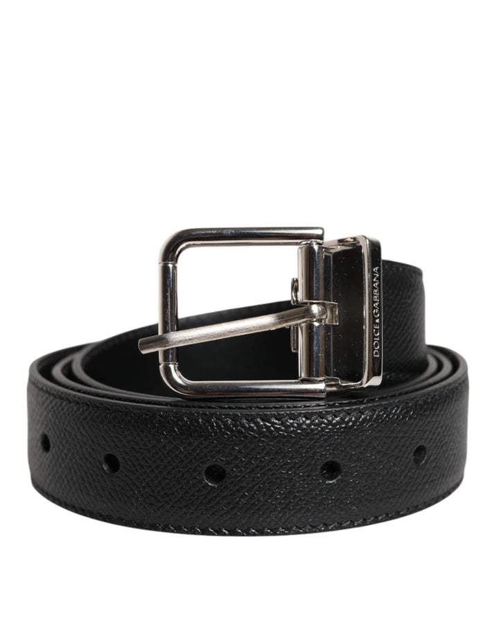 Dolce &amp; Gabbana Black Calf Leather Classic Silver Buckle Belt