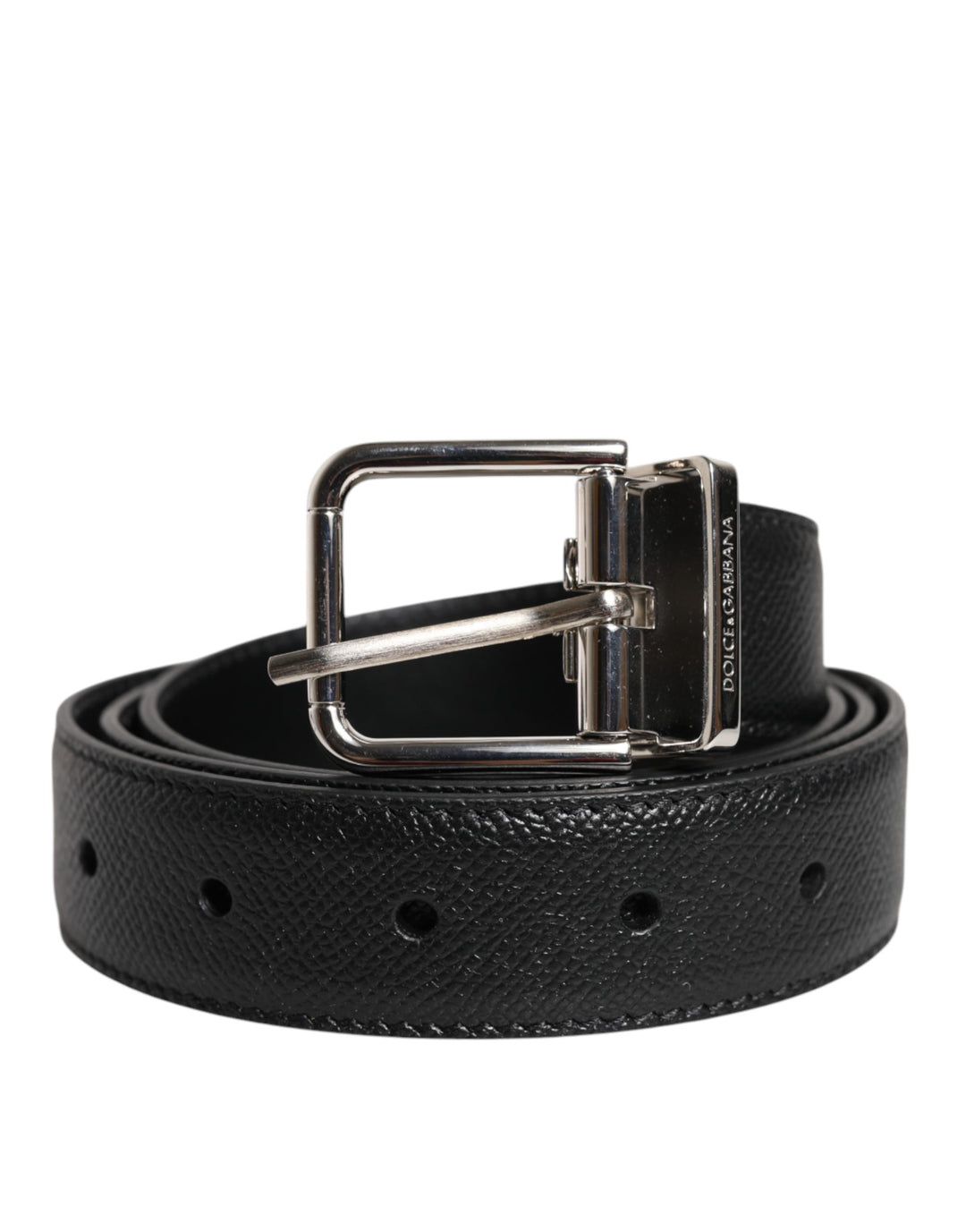 Dolce &amp; Gabbana Black Calf Leather Classic Silver Buckle Belt