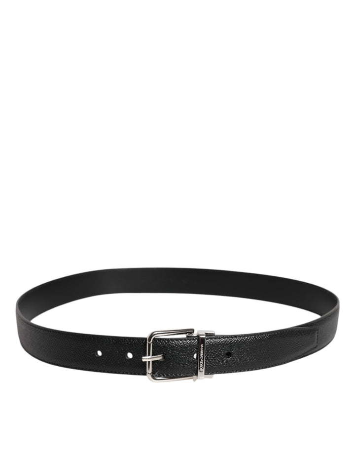 Dolce &amp; Gabbana Black Calf Leather Classic Silver Buckle Belt