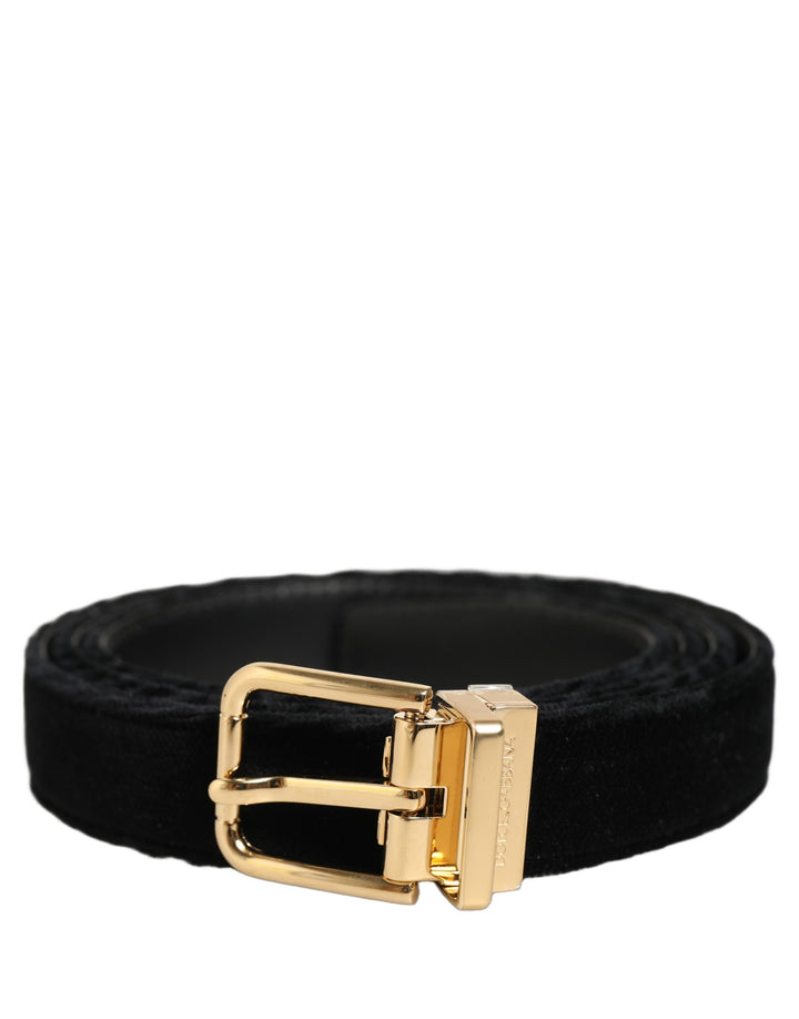 Dolce &amp; Gabbana Men Black Velvet Gold Tone Metal Buckle Belt