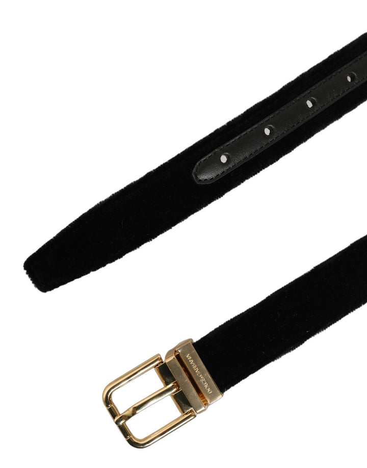 Dolce &amp; Gabbana Men Black Velvet Gold Tone Metal Buckle Belt