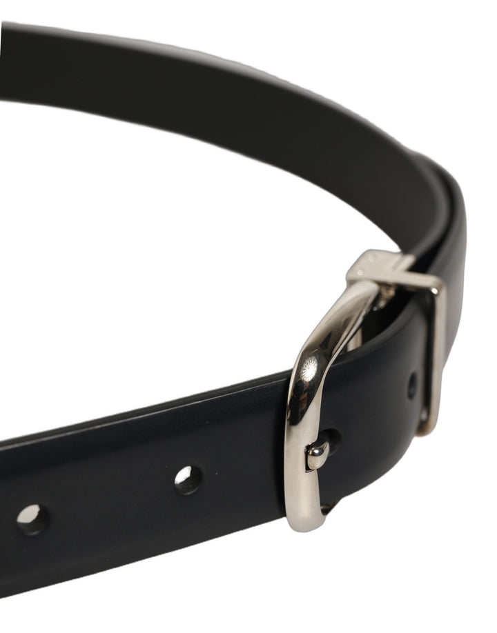 Dolce &amp; Gabbana Blue Calf Leather Silver Metal Buckle Belt