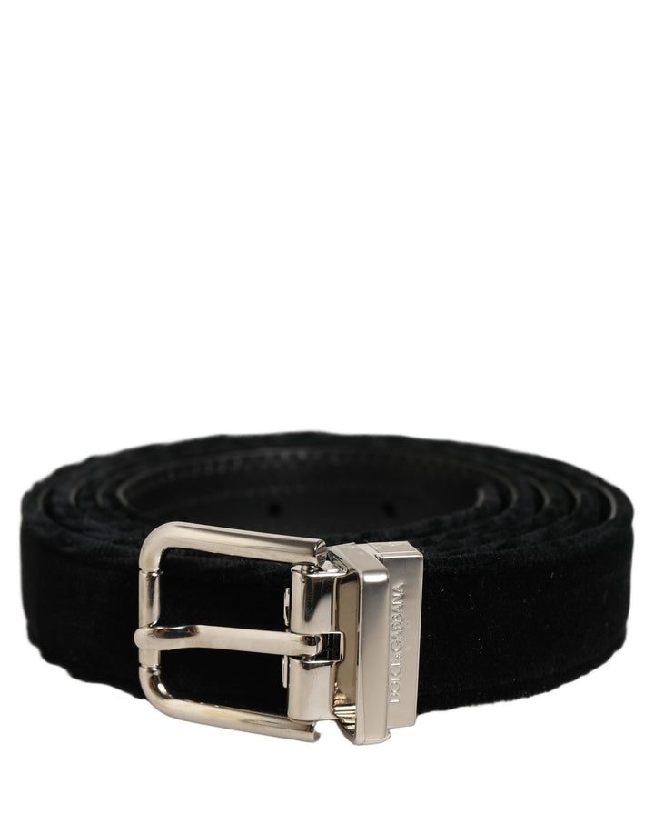 Dolce &amp; Gabbana Black Velvet Silver Tone Metal Buckle Belt