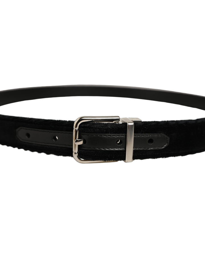 Dolce &amp; Gabbana Black Velvet Silver Tone Metal Buckle Belt