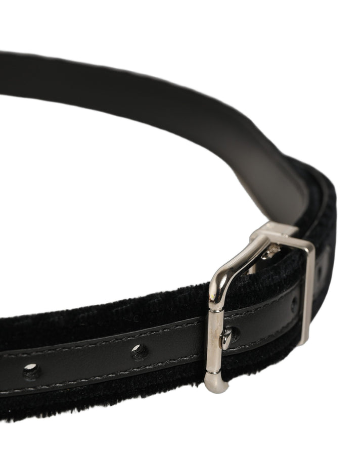 Dolce &amp; Gabbana Black Velvet Silver Tone Metal Buckle Belt