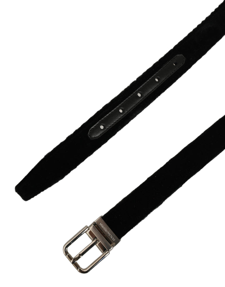 Dolce &amp; Gabbana Black Velvet Silver Tone Metal Buckle Belt