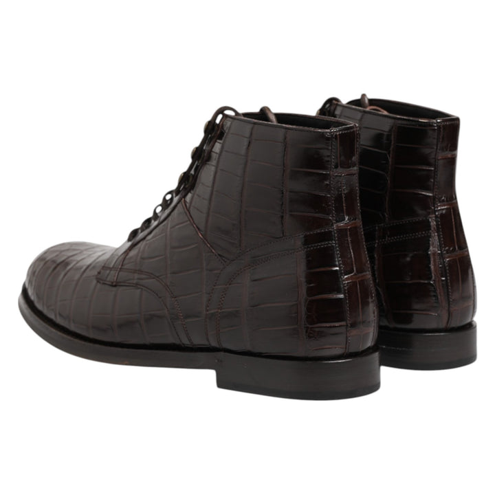 Dolce &amp; Gabbana Dark Brown Leather Lace Up Short Boots Shoes