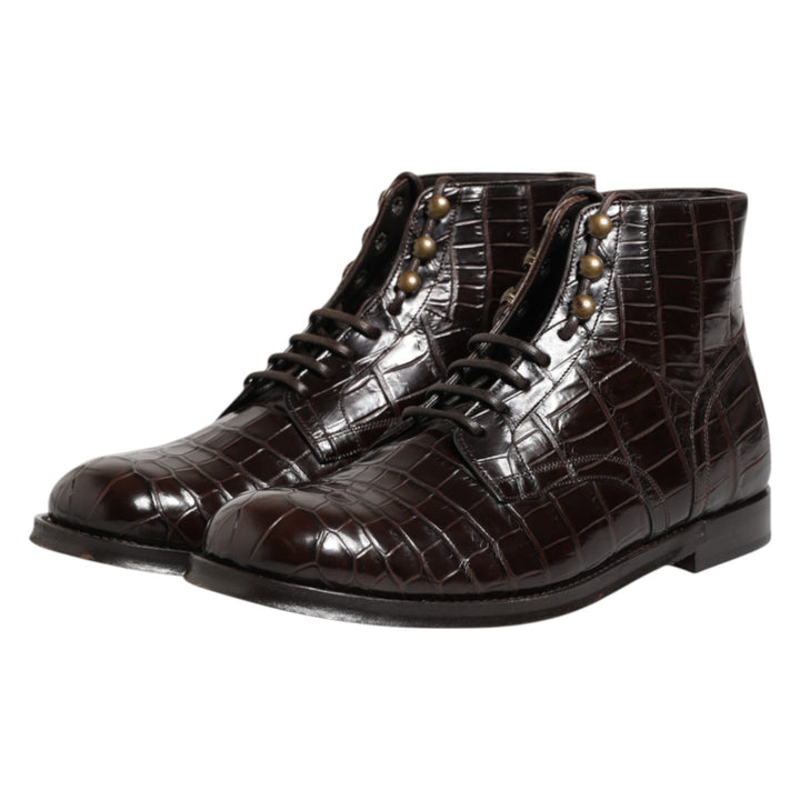 Dolce &amp; Gabbana Dark Brown Leather Lace Up Short Boots Shoes