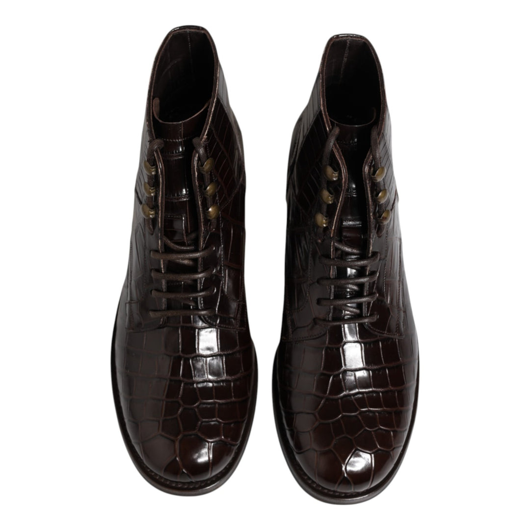 Dolce &amp; Gabbana Dark Brown Leather Lace Up Short Boots Shoes