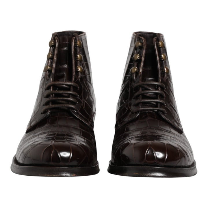 Dolce &amp; Gabbana Dark Brown Leather Lace Up Short Boots Shoes