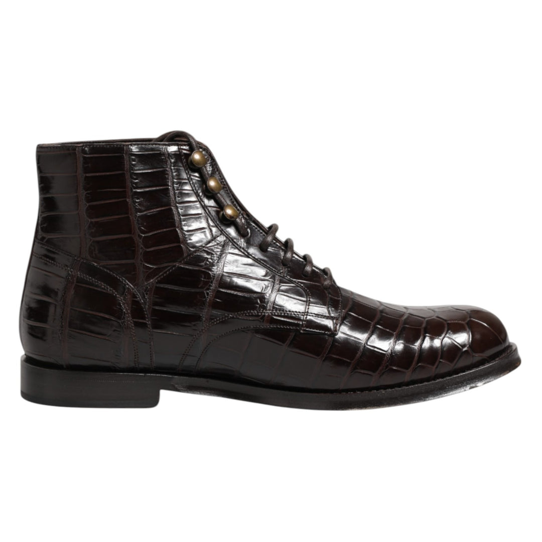 Dolce &amp; Gabbana Dark Brown Leather Lace Up Short Boots Shoes