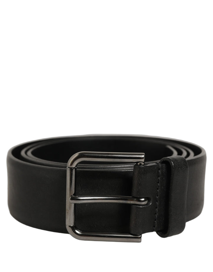 Dolce &amp; Gabbana Black Calf Leather Classic Silver Buckle Belt