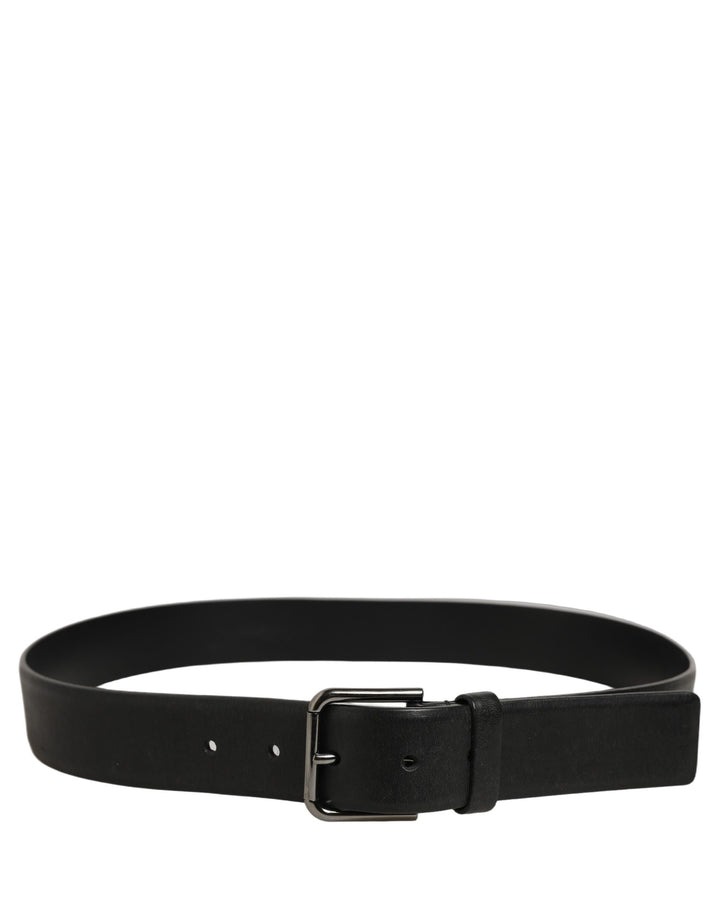 Dolce &amp; Gabbana Black Calf Leather Classic Silver Buckle Belt