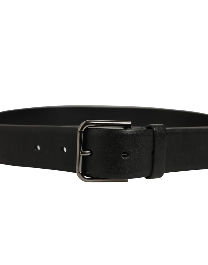 Dolce &amp; Gabbana Black Calf Leather Classic Silver Buckle Belt