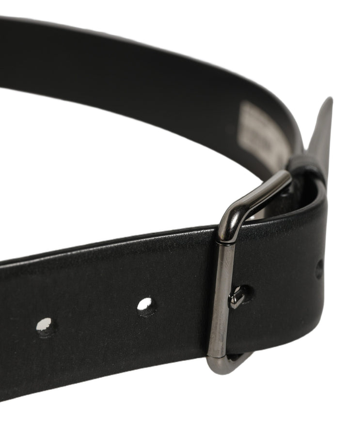 Dolce &amp; Gabbana Black Calf Leather Classic Silver Buckle Belt