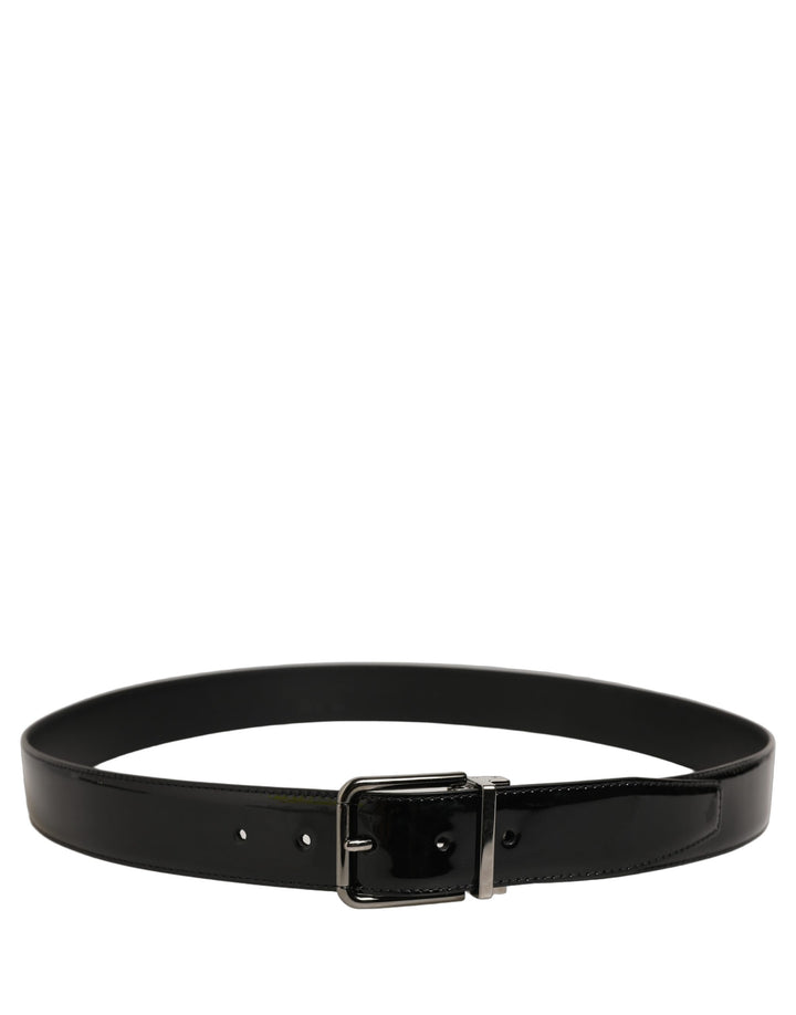 Dolce &amp; Gabbana Black Patent Leather Silver Metal Buckle Belt