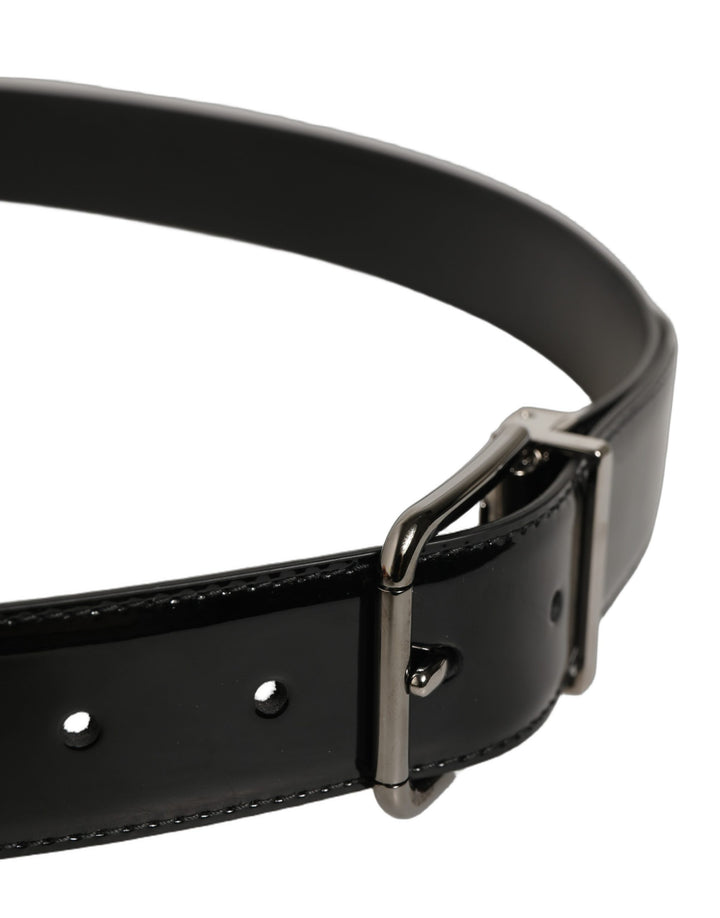Dolce &amp; Gabbana Black Patent Leather Silver Metal Buckle Belt