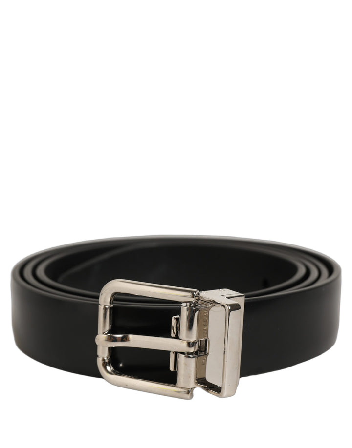 Dolce &amp; Gabbana Black Leather Silver Tone Metal Buckle Belt