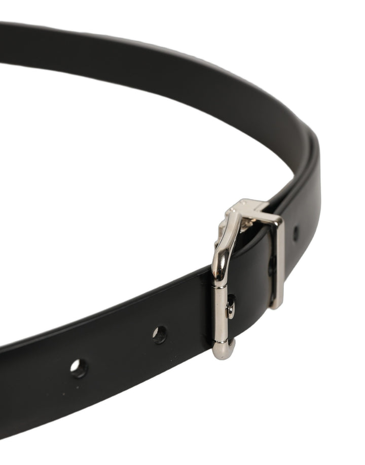 Dolce &amp; Gabbana Black Leather Silver Tone Metal Buckle Belt