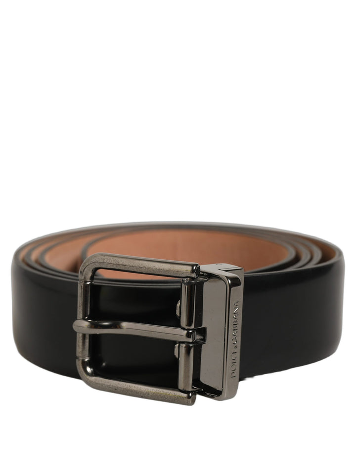 Dolce &amp; Gabbana Black Calf Leather Silver Metal Buckle Belt