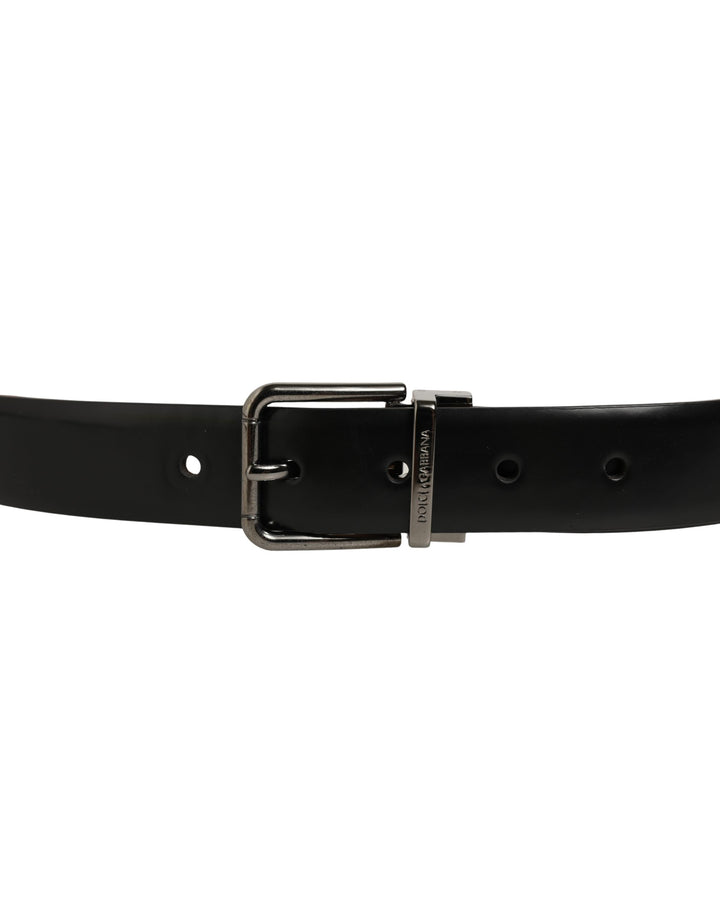 Dolce &amp; Gabbana Black Calf Leather Silver Metal Buckle Belt