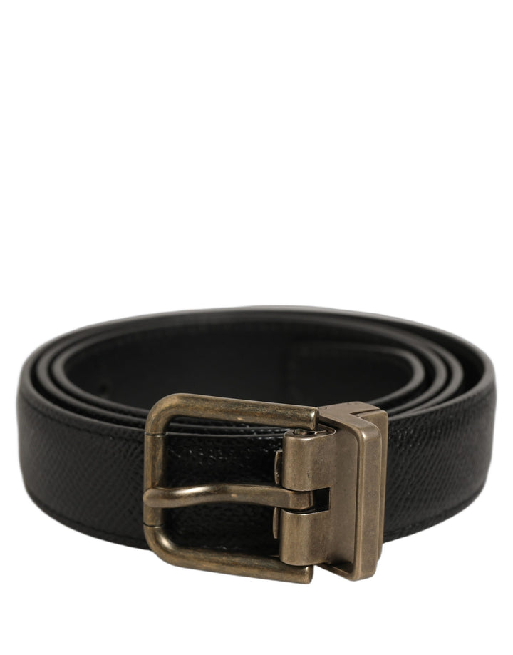 Dolce &amp; Gabbana Men Black Calf Leather Gold Metal Buckle Belt