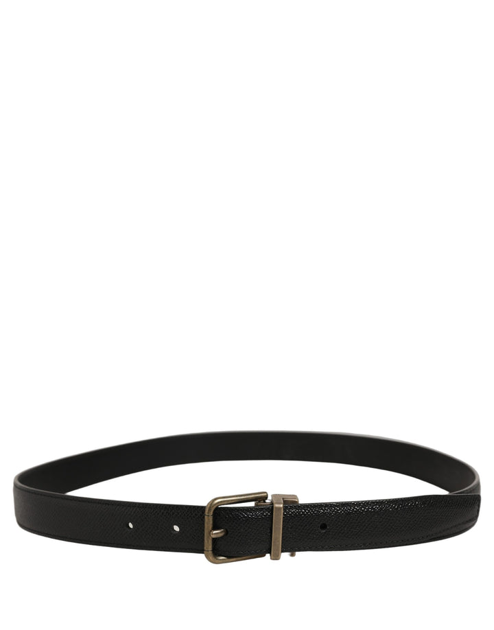 Dolce &amp; Gabbana Men Black Calf Leather Gold Metal Buckle Belt