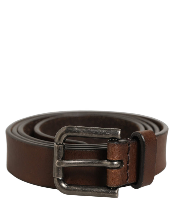 Dolce &amp; Gabbana Brown Leather Silver Tone Metal Buckle Belt