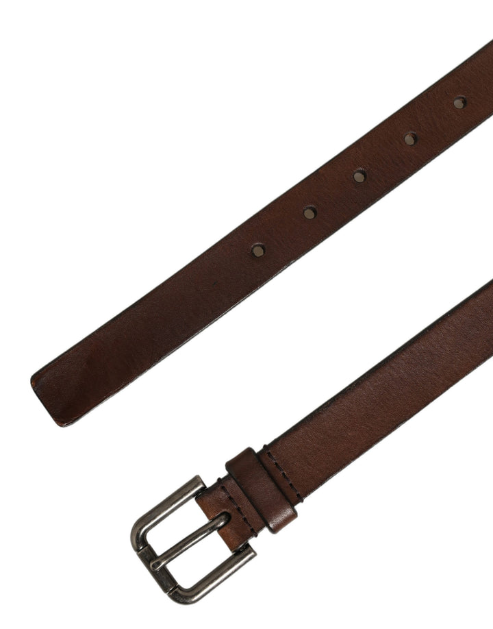 Dolce &amp; Gabbana Brown Leather Silver Tone Metal Buckle Belt