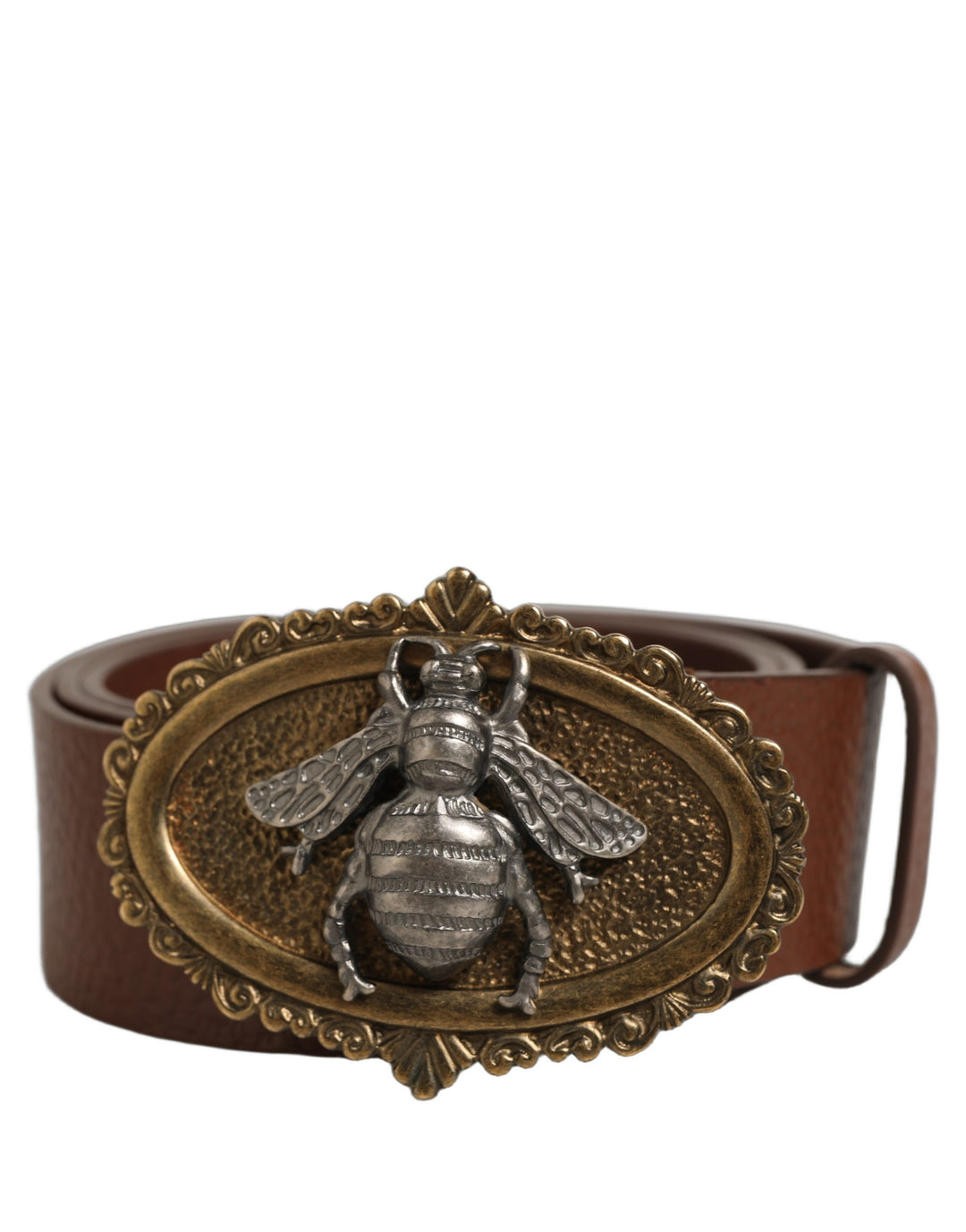 Dolce &amp; Gabbana Brown Leather Bee Accent Metal Buckle Belt