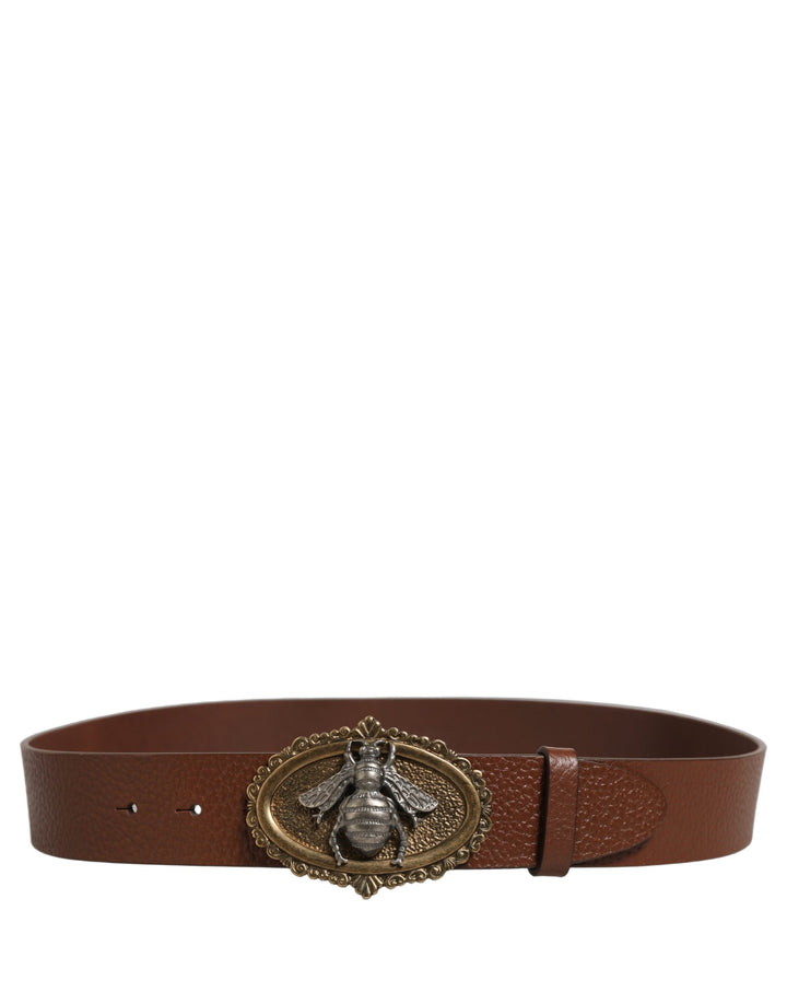 Dolce &amp; Gabbana Brown Leather Bee Accent Metal Buckle Belt