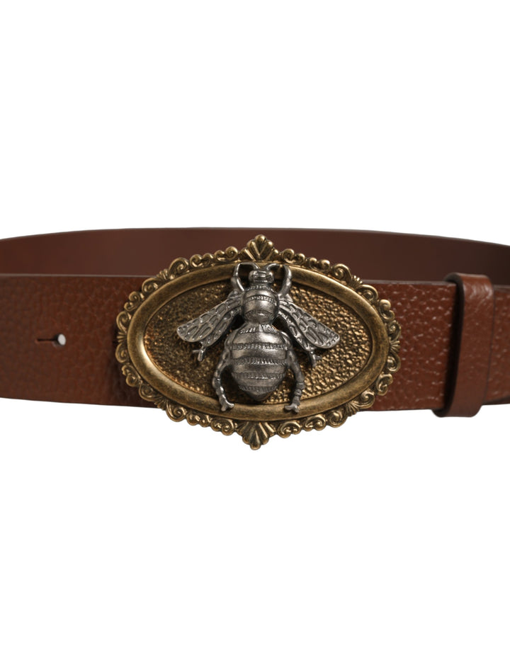 Dolce &amp; Gabbana Brown Leather Bee Accent Metal Buckle Belt