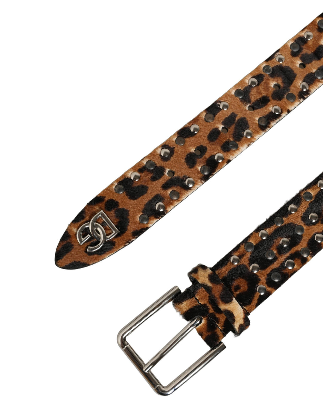 Dolce &amp; Gabbana Brown Leopard Calf Hair Studs Metal Buckle Belt
