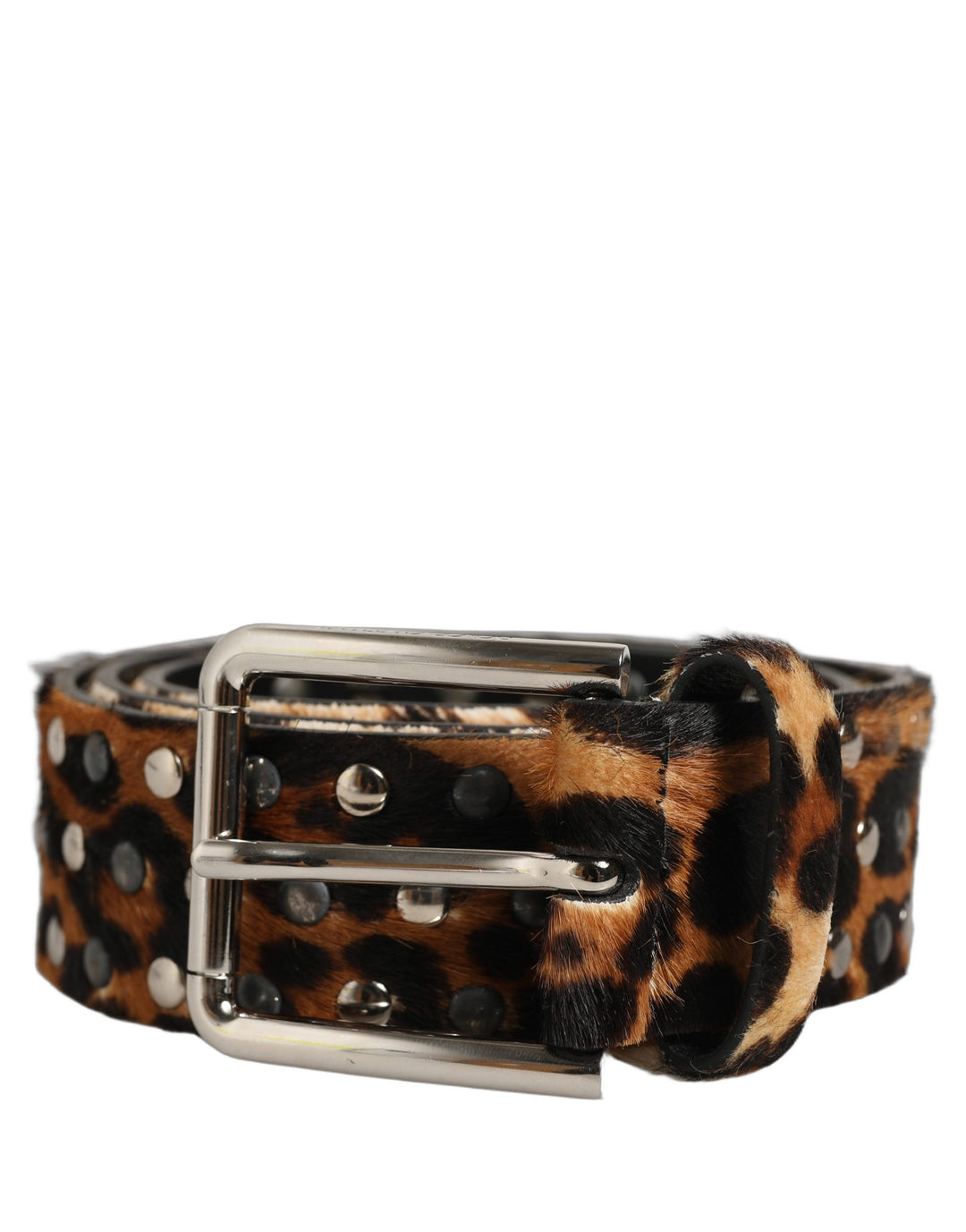 Dolce &amp; Gabbana Brown Leopard Calf Hair Studs Metal Buckle Belt