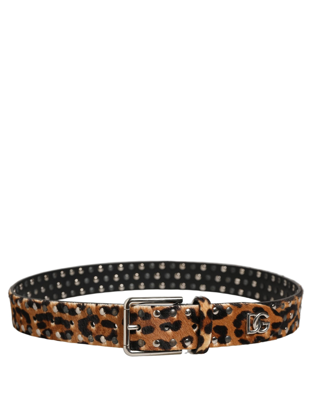 Dolce &amp; Gabbana Brown Leopard Calf Hair Studs Metal Buckle Belt
