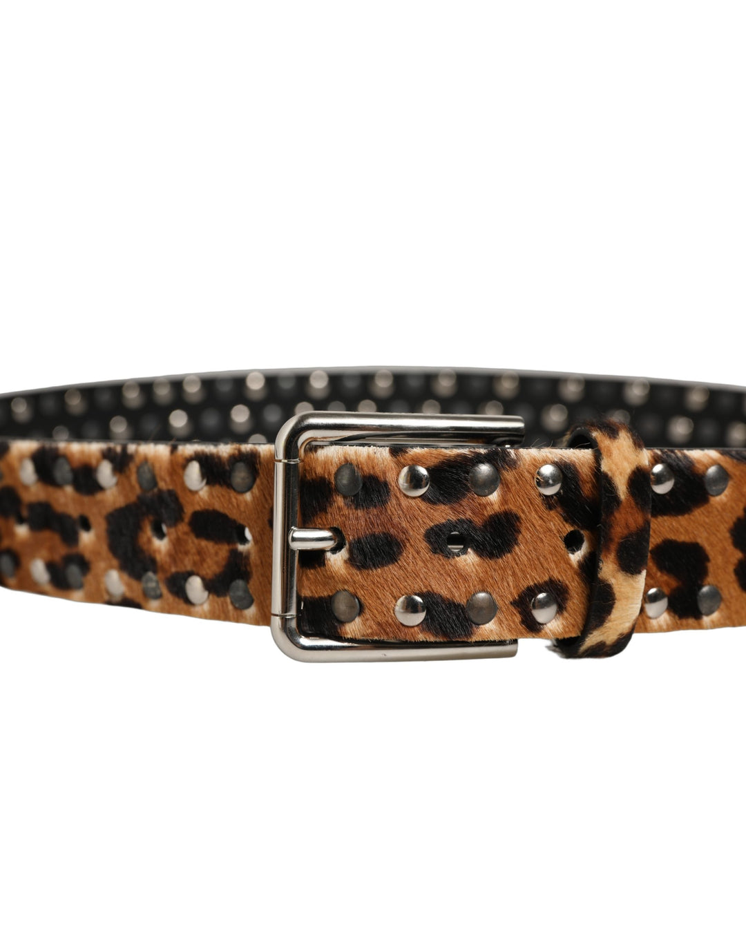 Dolce &amp; Gabbana Brown Leopard Calf Hair Studs Metal Buckle Belt