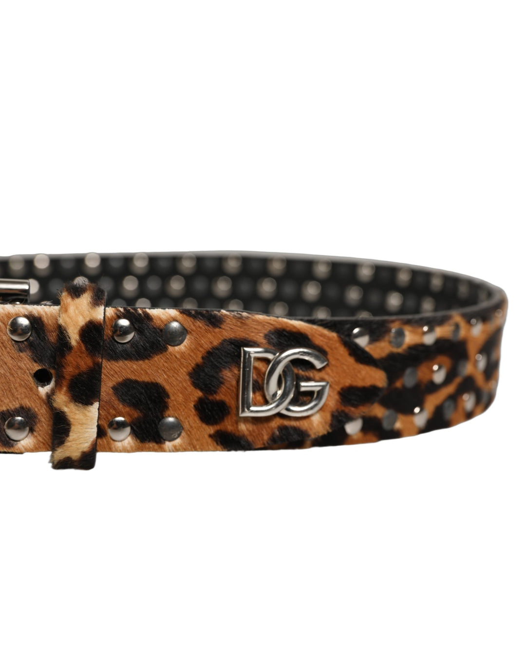 Dolce &amp; Gabbana Brown Leopard Calf Hair Studs Metal Buckle Belt