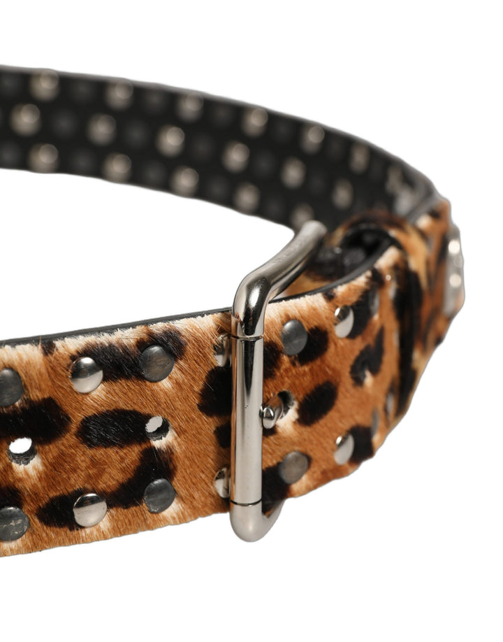 Dolce &amp; Gabbana Brown Leopard Calf Hair Studs Metal Buckle Belt