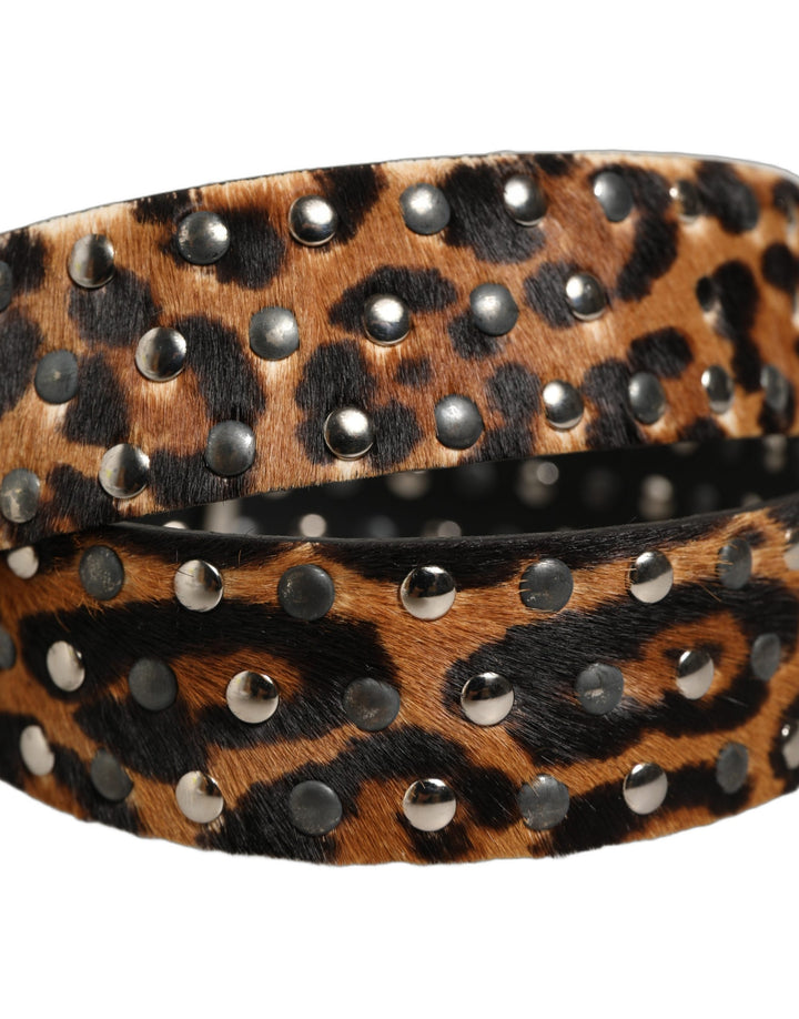 Dolce &amp; Gabbana Brown Leopard Calf Hair Studs Metal Buckle Belt