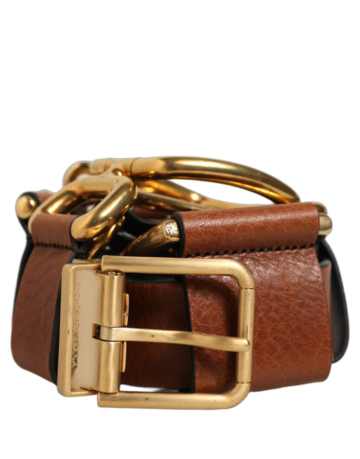 Dolce &amp; Gabbana Brown Leather Gold Metal Rings Buckle Belt