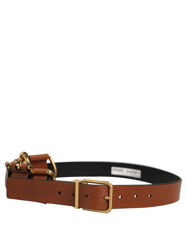 Dolce &amp; Gabbana Brown Leather Gold Metal Rings Buckle Belt