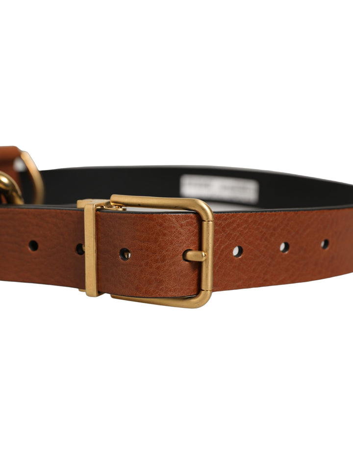 Dolce &amp; Gabbana Brown Leather Gold Metal Rings Buckle Belt