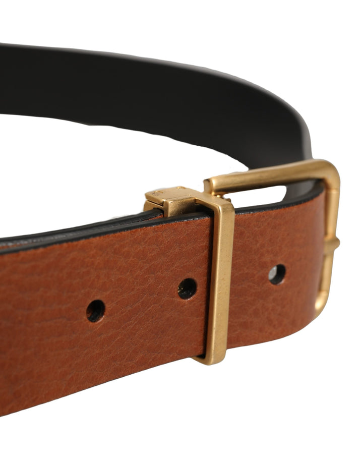 Dolce &amp; Gabbana Brown Leather Gold Metal Rings Buckle Belt