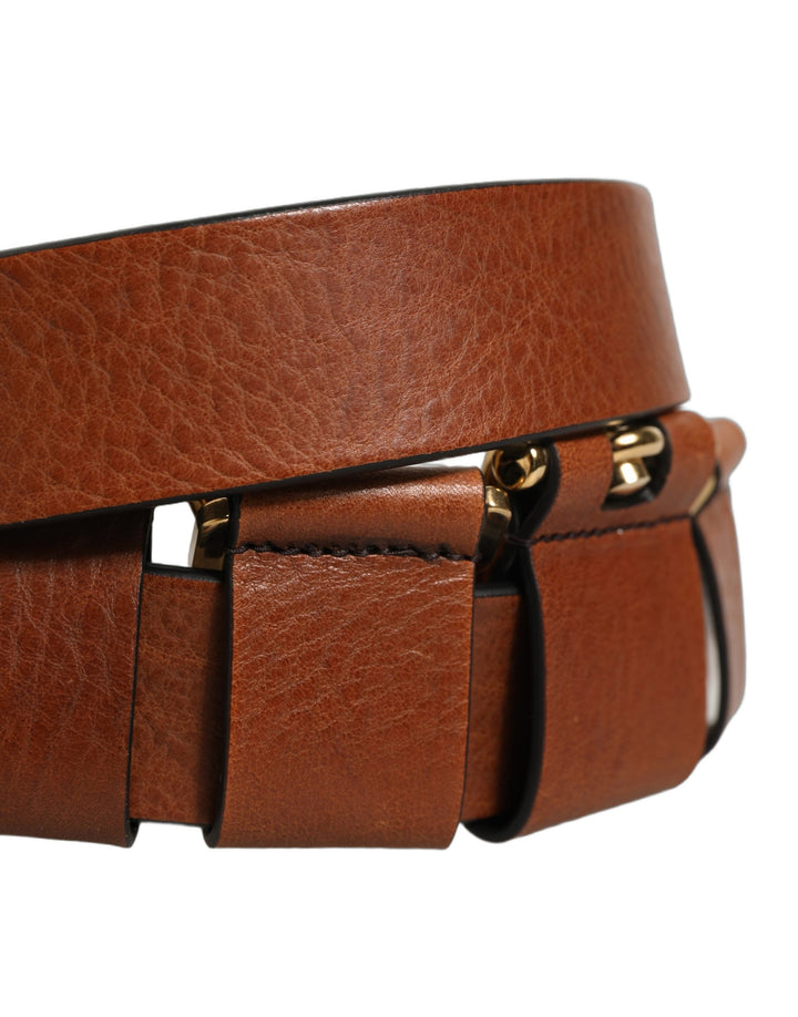 Dolce &amp; Gabbana Brown Leather Gold Metal Rings Buckle Belt